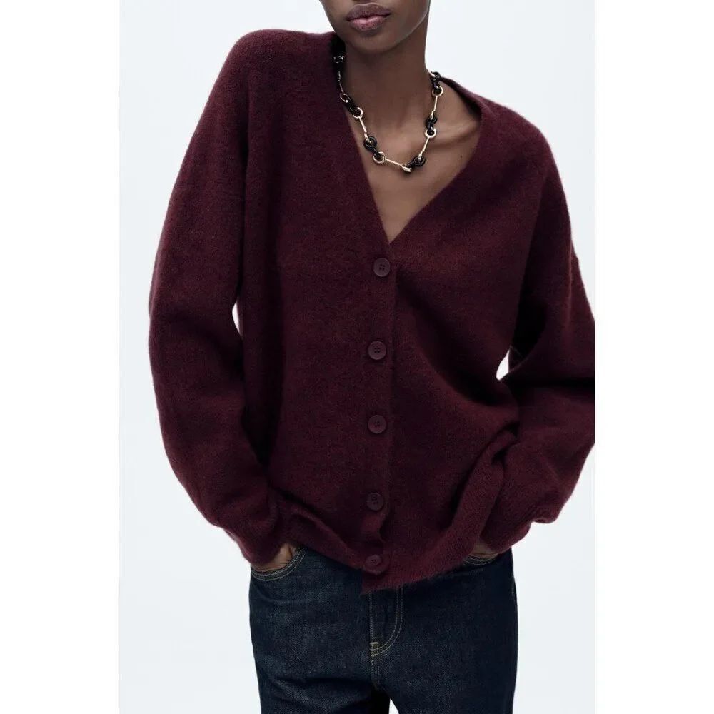 Zara Womens Cardigan Sweater Red Maroon XS Wool Button Top 5536/209 NWT